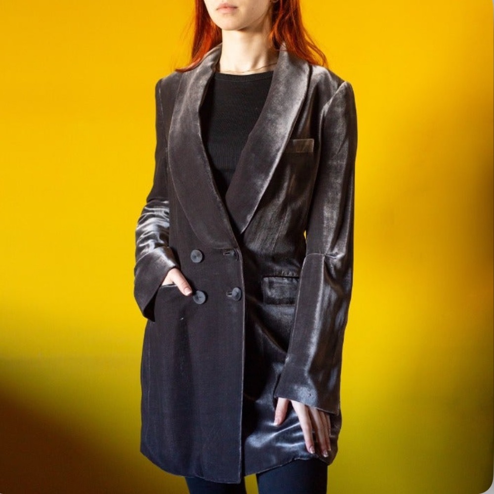 BCBGMaxAria Long Velvet Double Breasted Jacket